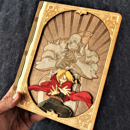 Wooden Engraved Notebook. Great Fullmetal Alchemist merch for the one who likes to have pretty notes.